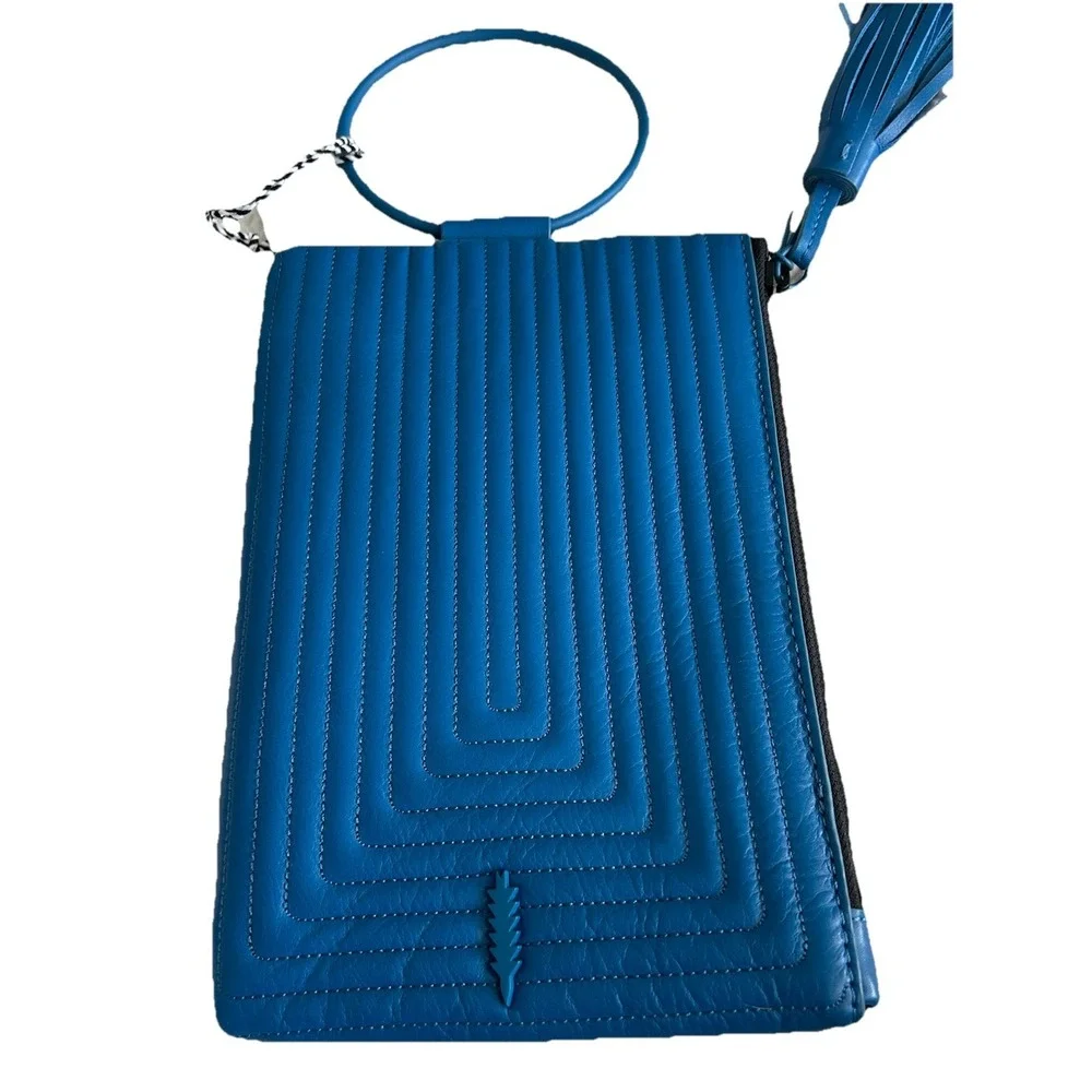 THACKER‎ Nolita Cobalt Blue Leather Purse Crossbody Ring Tassel Chain Quilt NWOT